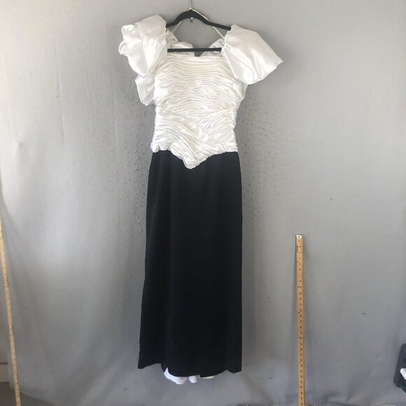 Vintage Maurice's Dress Womens 8 Black White Formal Puff Sleeve Bow Gown 80s USA - Picture 1 of 16